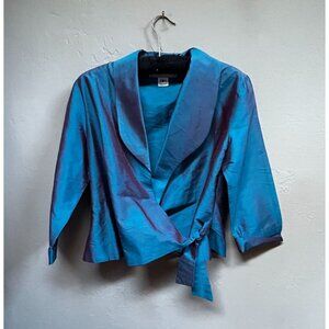 Barraza New York Women's Size 8 Silk Shawl Collar Wrap Blazer 3/4 Sleeve Blue